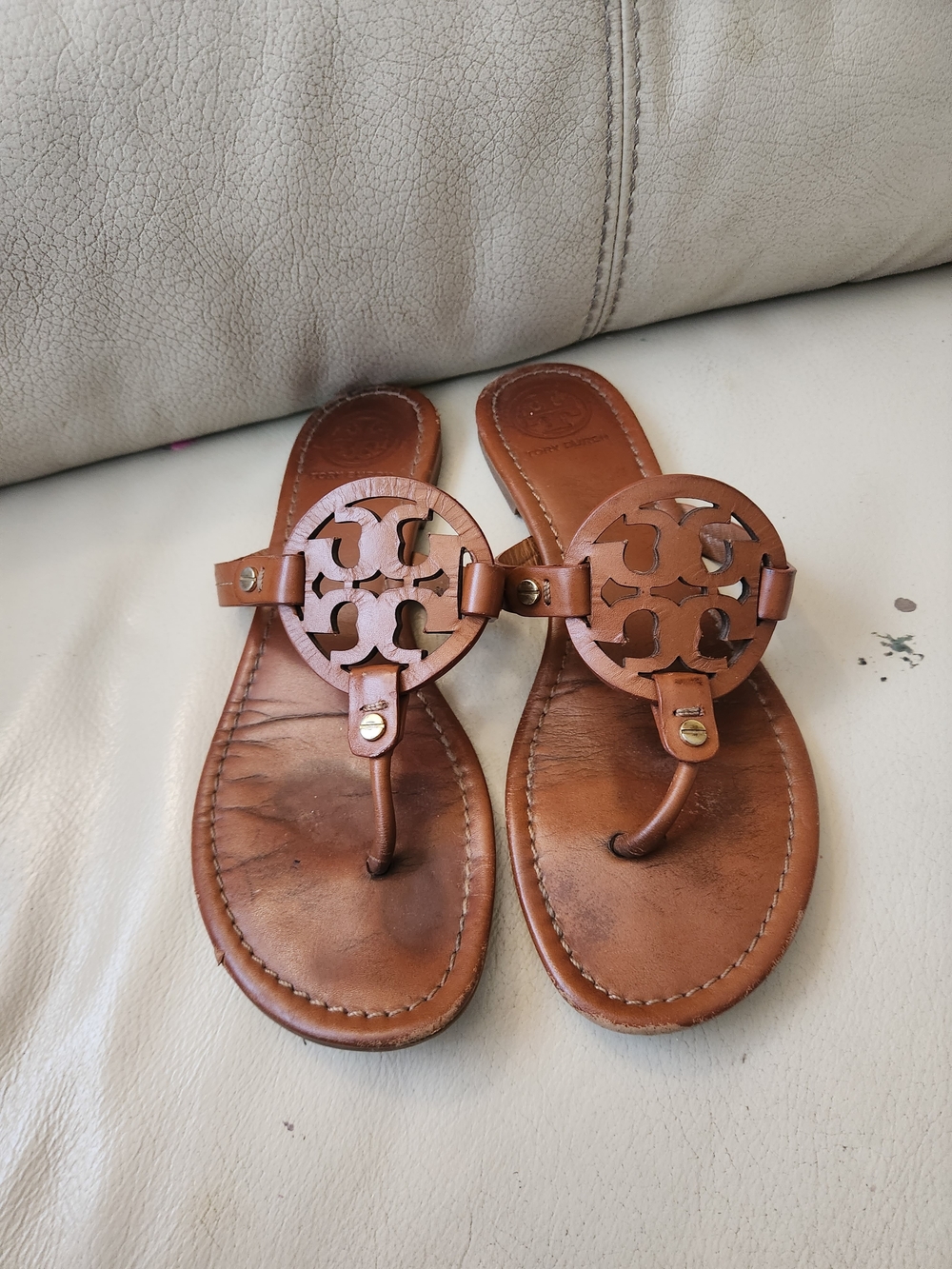 Tory Burch Brown Leather Miller Logo Thong Sandals